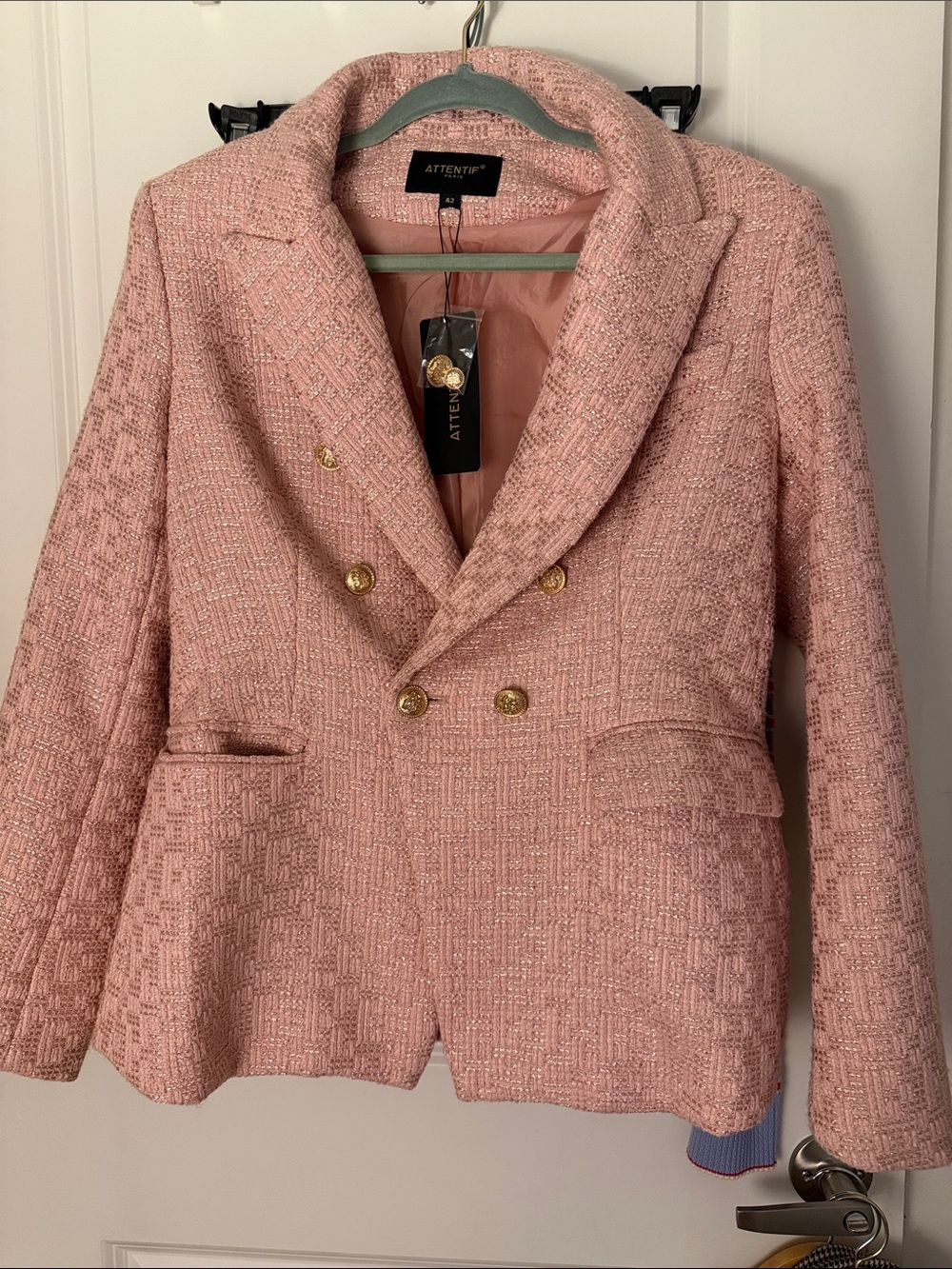 Pink Tweed Double-Breasted Blazer with Gold Buttons